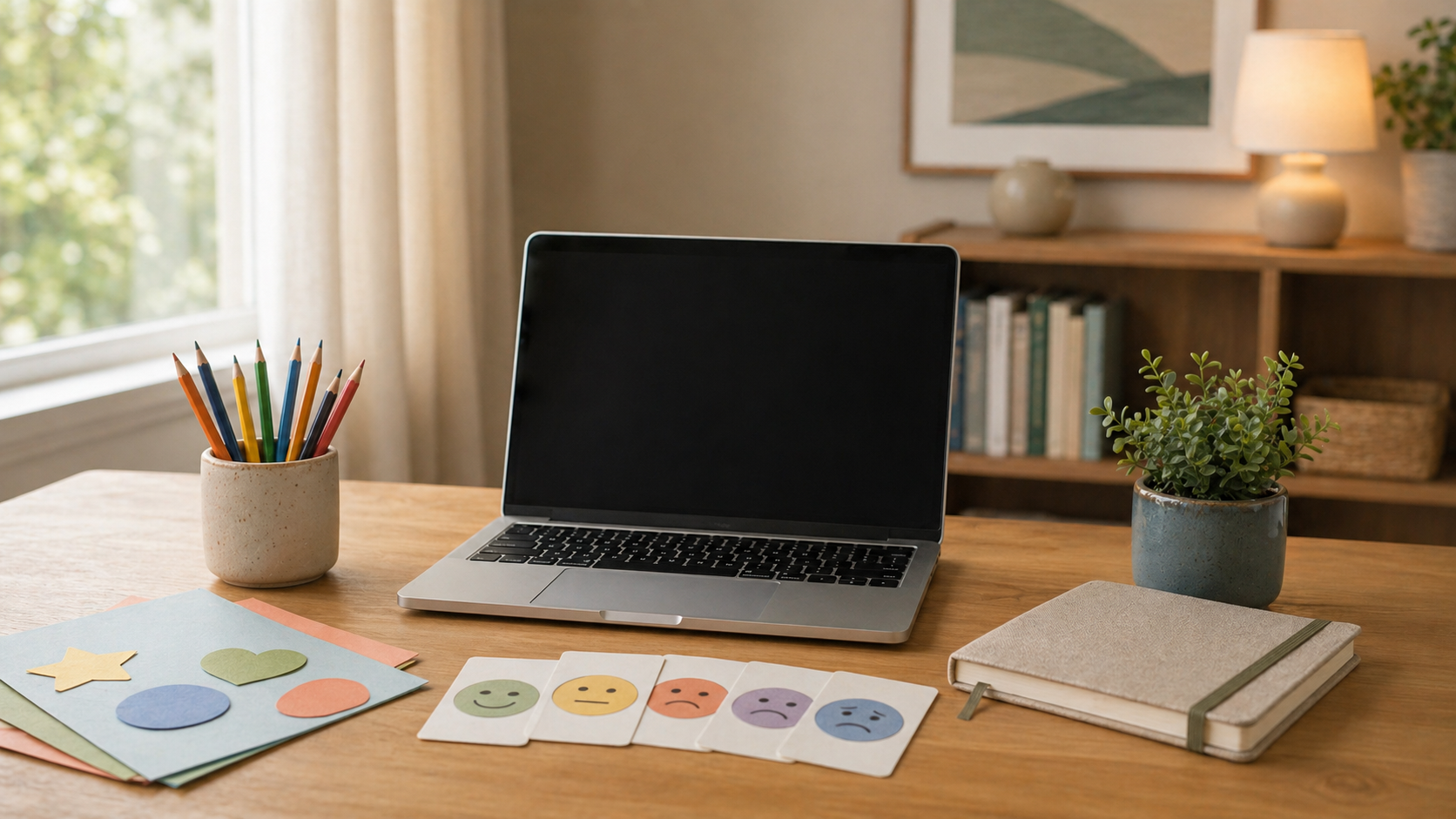 Online child support setup with laptop, creative materials, and emotion cards