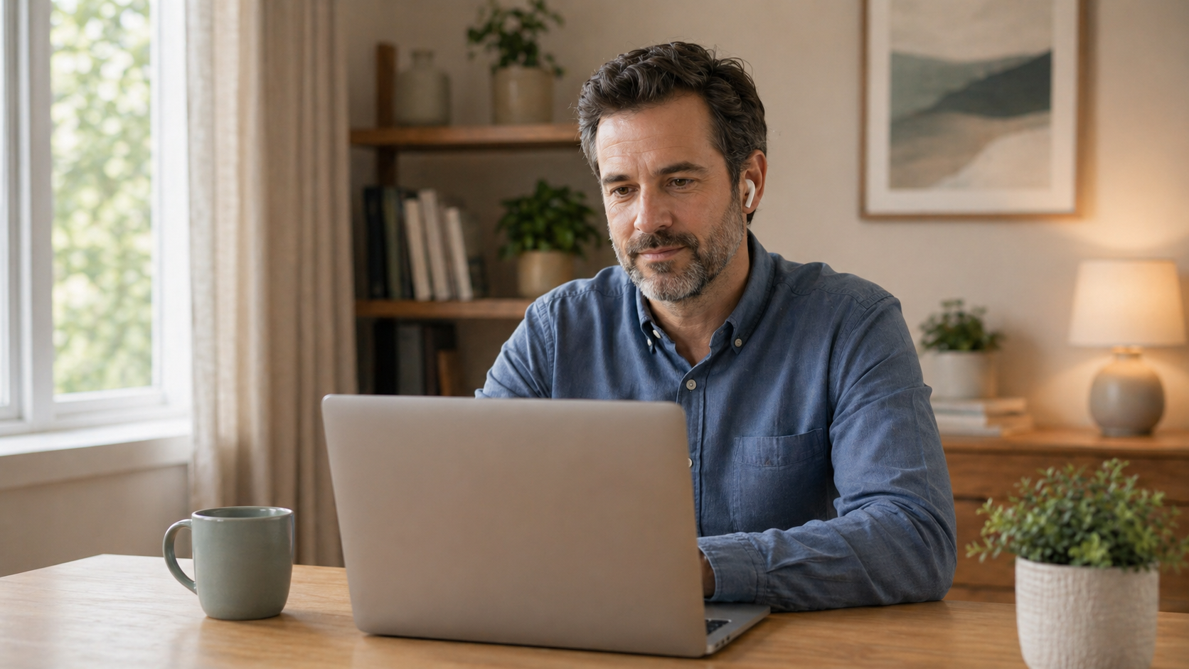 Adult client in a private online therapy session wearing earbuds at a laptop