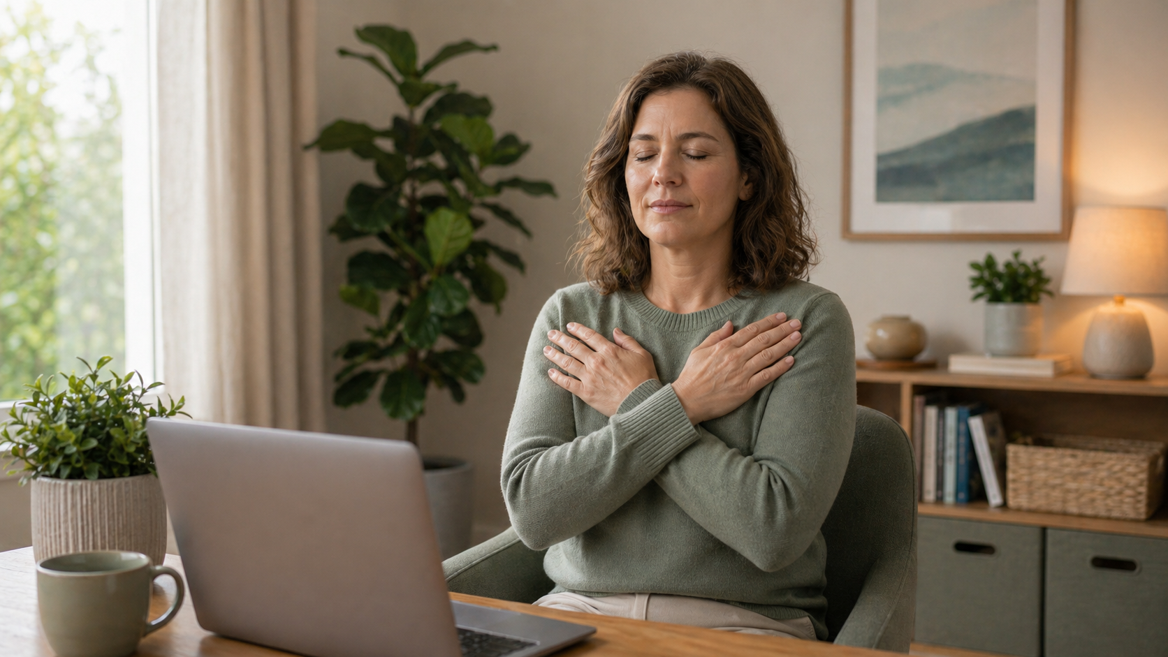 Adult client using butterfly tapping during an online EMDR preparation session