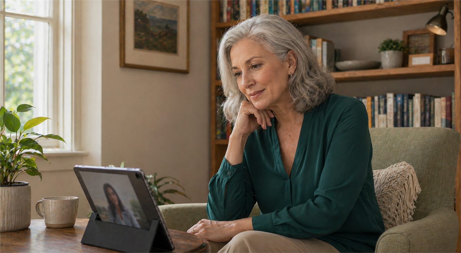 Older adult client in a quiet home reading nook attending online therapy