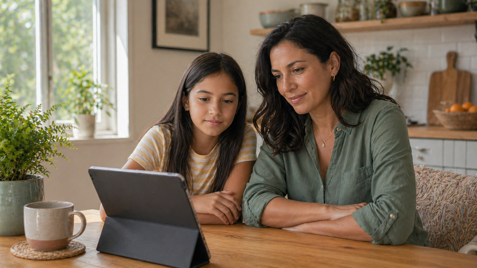 Parent and school-age child looking toward a tablet during an online support session from a bright home kitchen