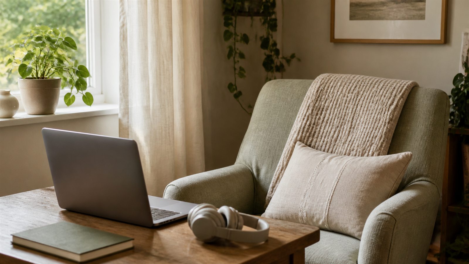 Private home therapy nook with a laptop facing a comfortable chair beside a notebook and headphones