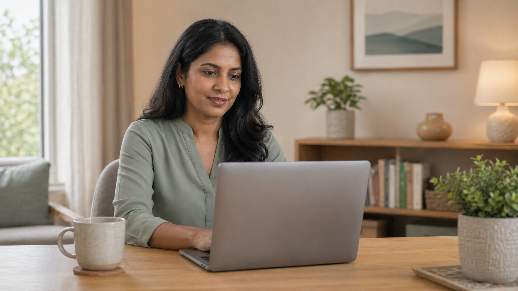 South Asian adult client in a private online therapy session at home