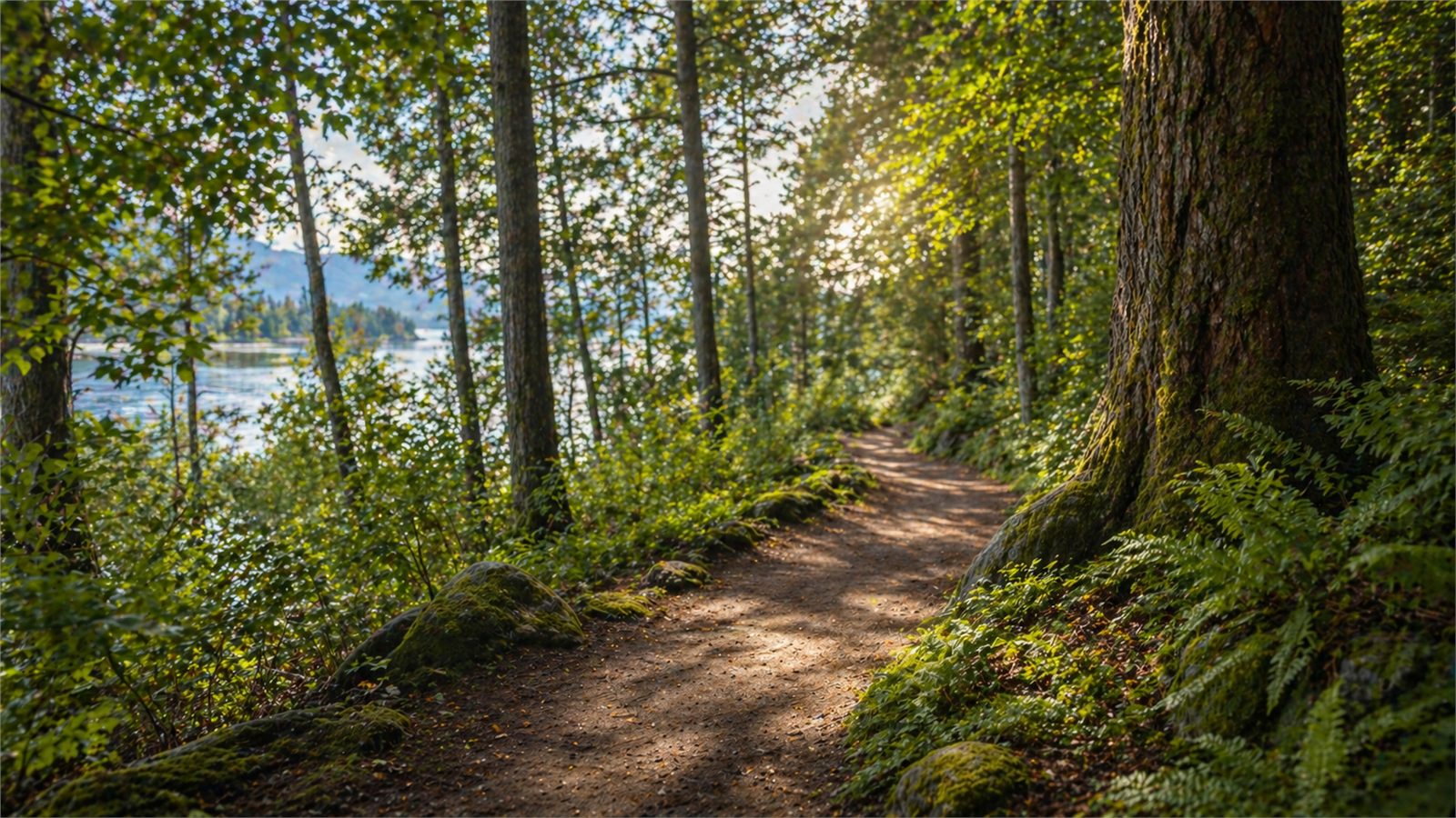 Quiet forest path beside calm water with sunlight through trees