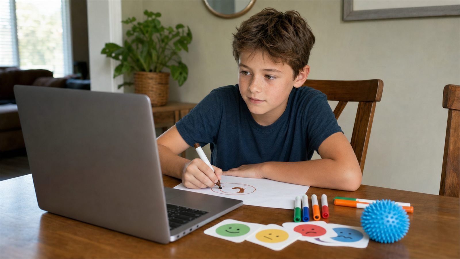 School-age child using drawing and emotion tools during an online support activity at home