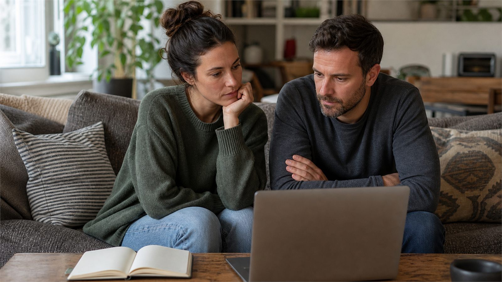 Couple in a thoughtful online relationship therapy session together at home