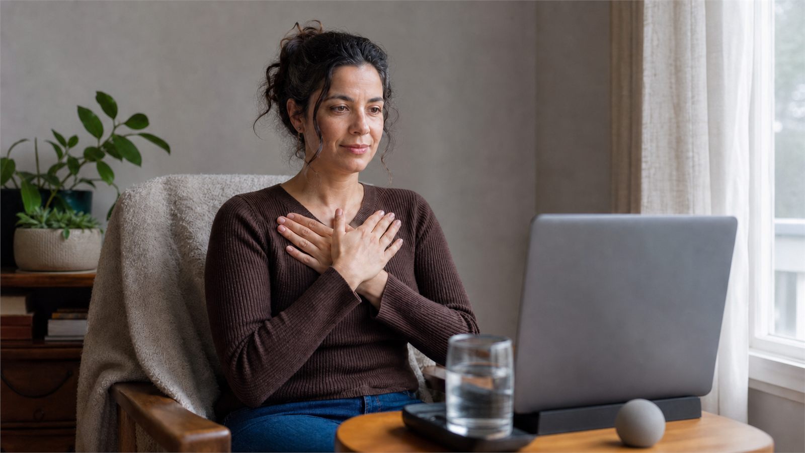 Adult client using butterfly tapping during a calm online EMDR preparation session at home