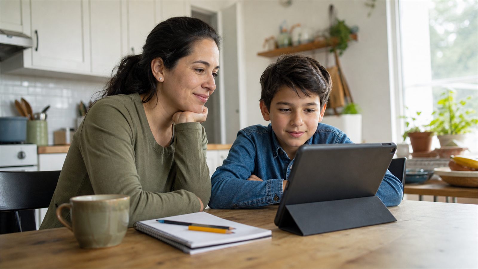 Caregiver and school-age child joining an online parent-support conversation from home