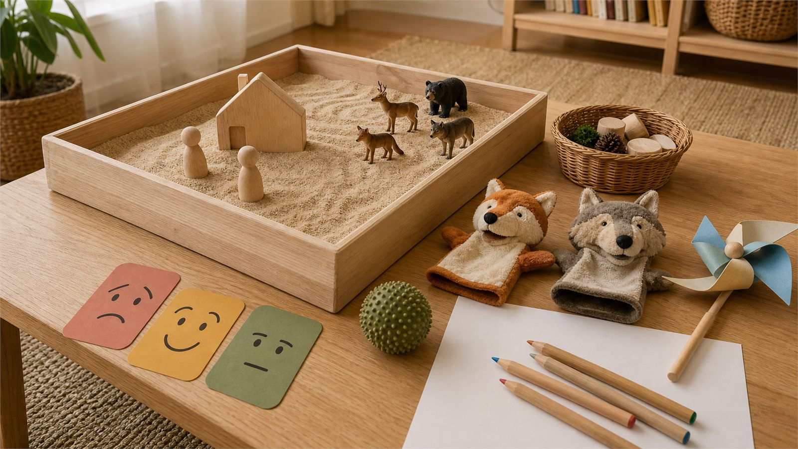 Warm collection of play-informed therapy toys including a sand tray, wooden figures, puppets, emotion cards, and creative materials