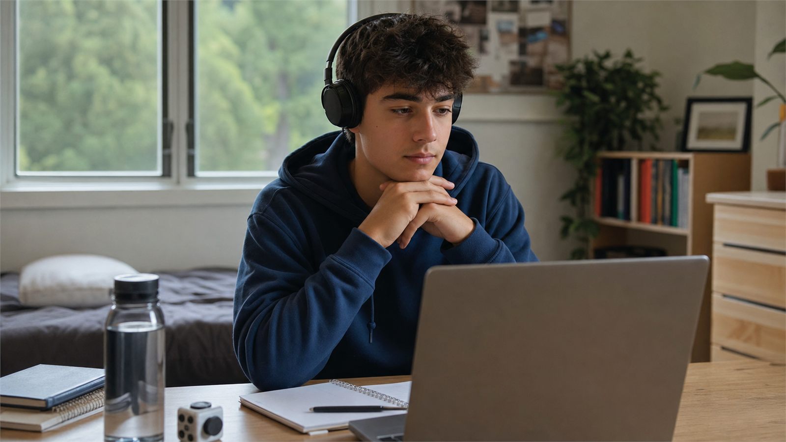 Older teen listening during a private online therapy session from a home study space
