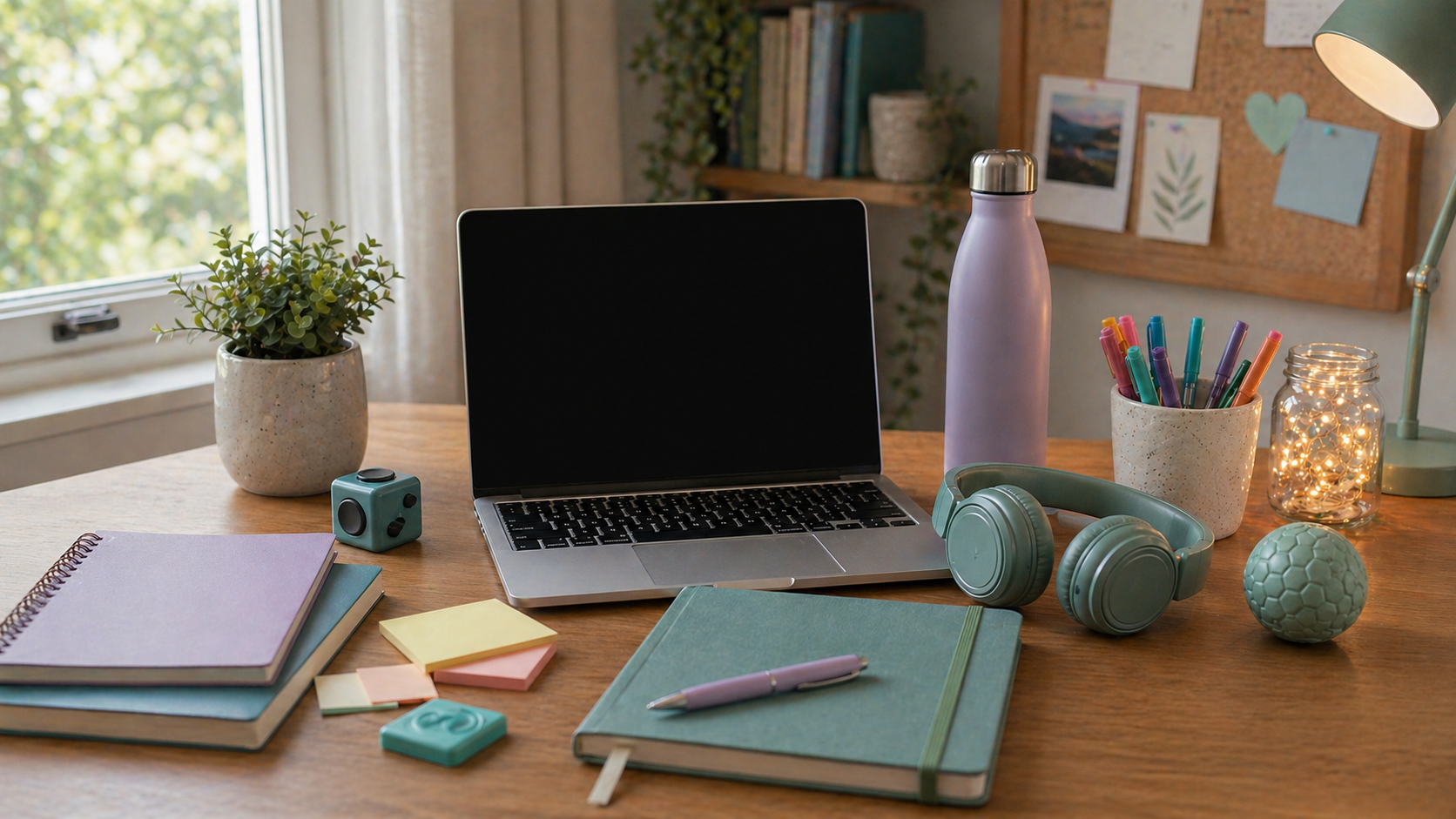 Teen online therapy setup with a powered-off laptop, headphones, planner, water bottle, and regulation tools